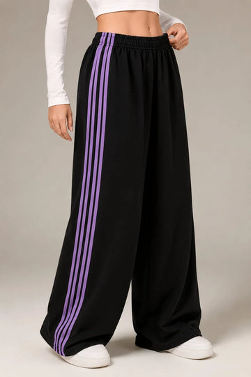 Black With 4 Purple Stripes Wide Leg Baggy Terry Trouser for her