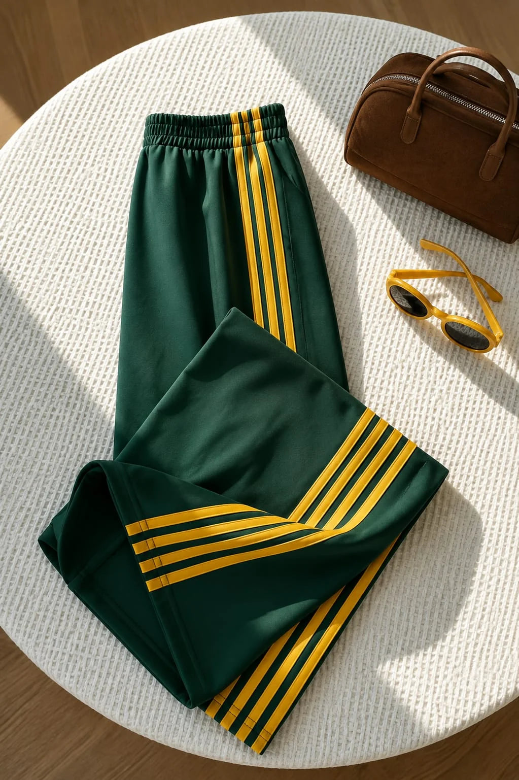 Green With 4 Yellow Stripes Wide Leg Baggy Terry Trouser for her