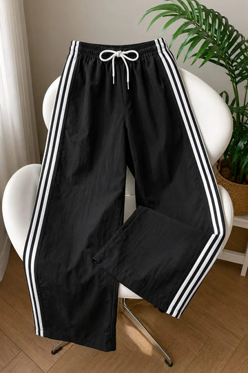 Black With 3 White Stripes Wide Leg Baggy Terry Trouser for her