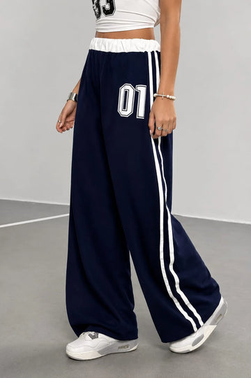 Navy Blue 01 With Two White Stripes Wide Leg Baggy Terry Trouser for her