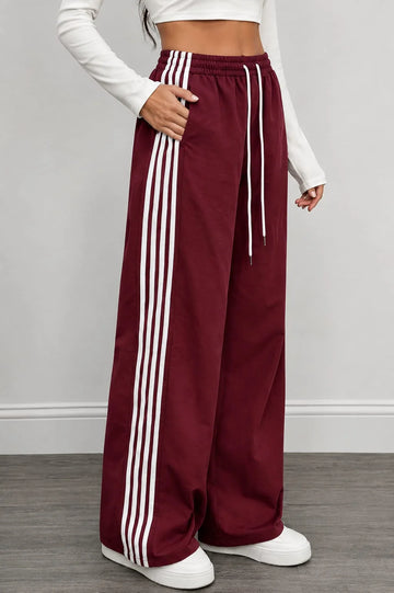 Maroon With 4 White Stripes Wide Leg Baggy Terry Trouser for her