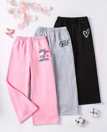Cute Print Wide Leg Fleece Trousers - Pack of 3