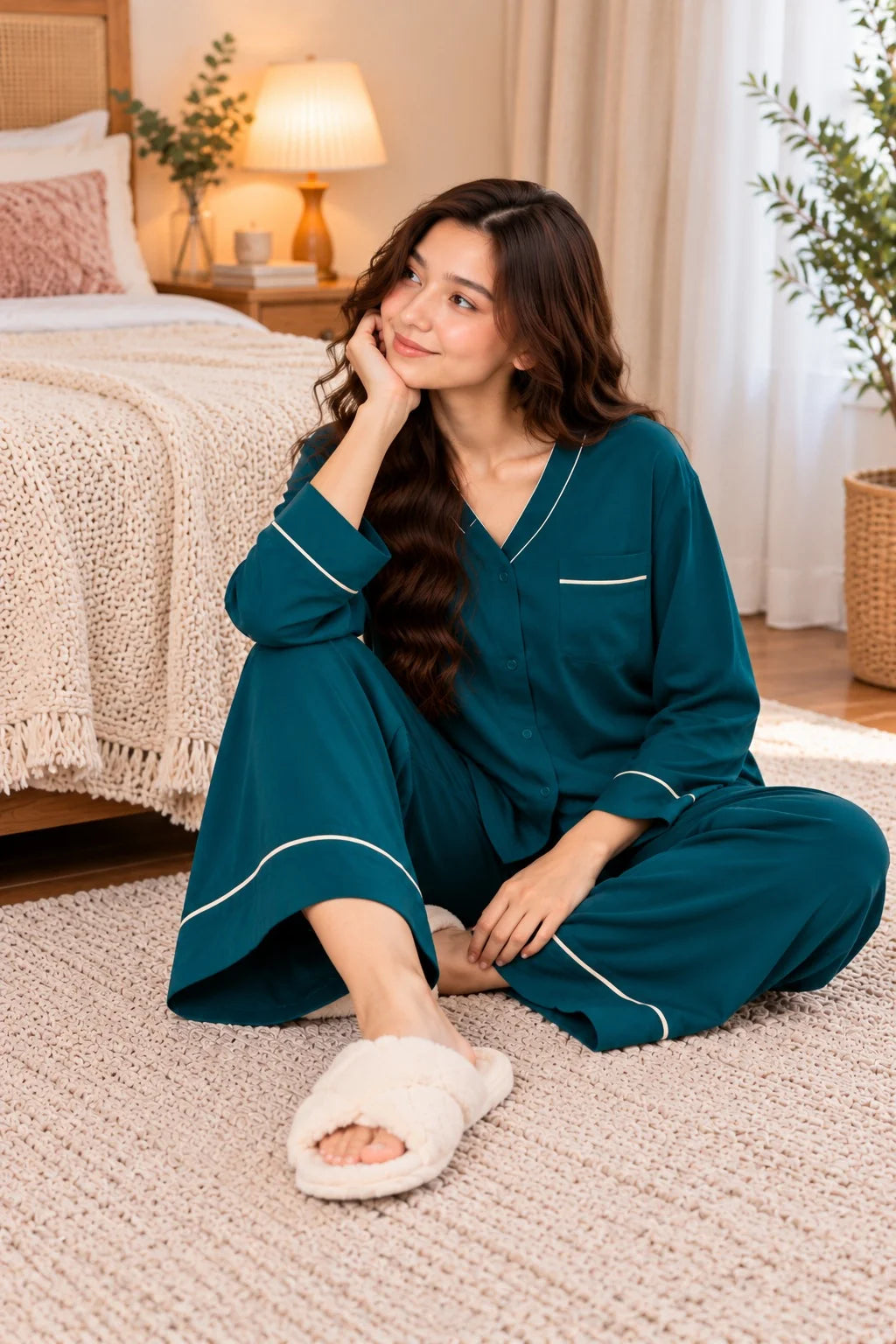 Teal Green With White Pipin V-Neck Button Linen PJ Set For Her