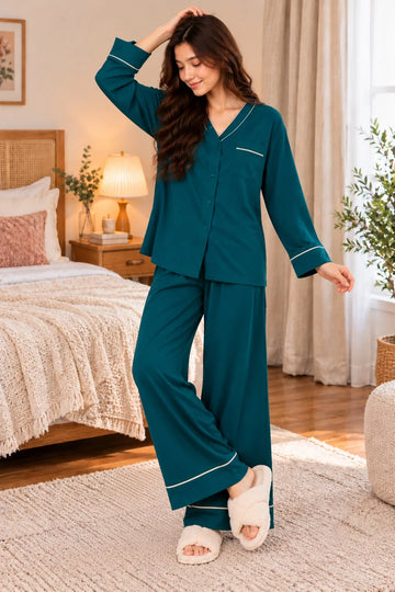 Teal Green With White Pipin V-Neck Button Linen PJ Set For Her