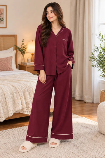 Maroon With White Pipin V-Neck Button Linen PJ Set For Her