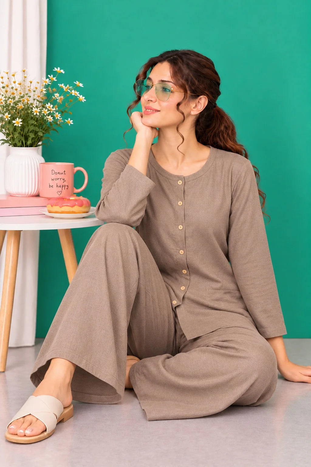 Light Brown Neck Button Style Linen PJ Set For Her