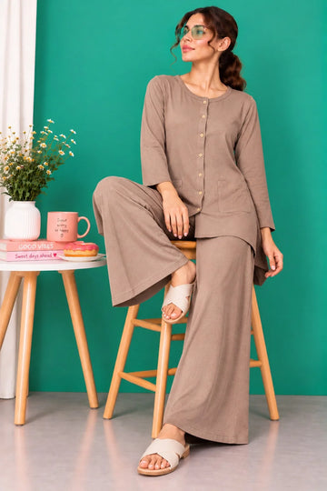 Light Brown Neck Button Style Linen PJ Set For Her
