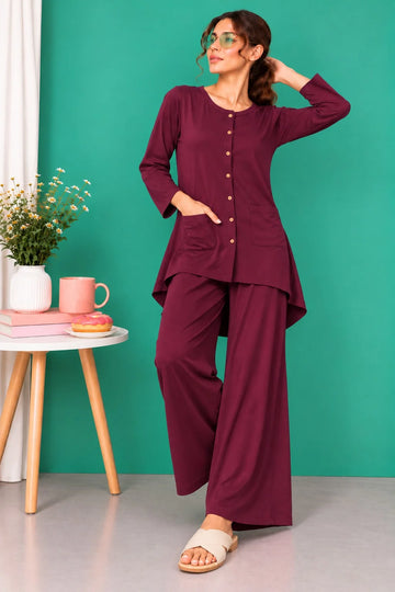 Maroon Round Neck Button Style Linen PJ Set For Her