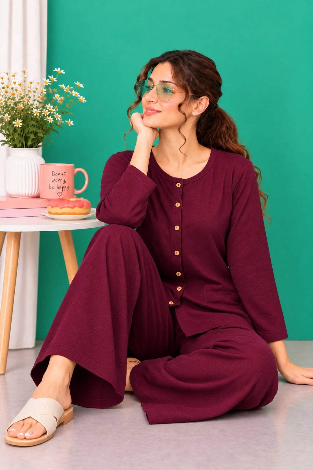 Maroon Round Neck Button Style Linen PJ Set For Her