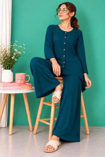 Teal Green Round Neck Button Style Linen PJ Set For Her