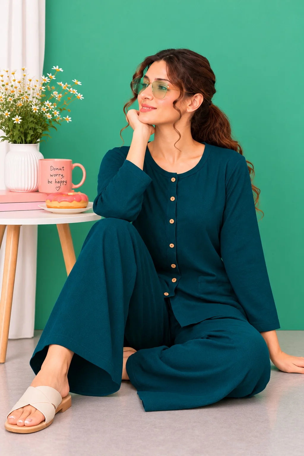 Teal Green Round Neck Button Style Linen PJ Set For Her
