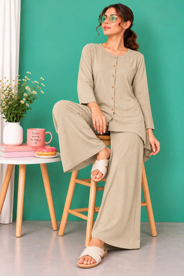 Beige Round Neck Button Style Linen PJ Set For Her