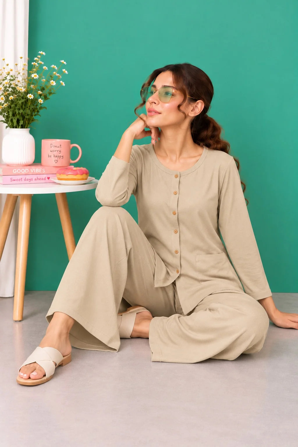 Beige Round Neck Button Style Linen PJ Set For Her
