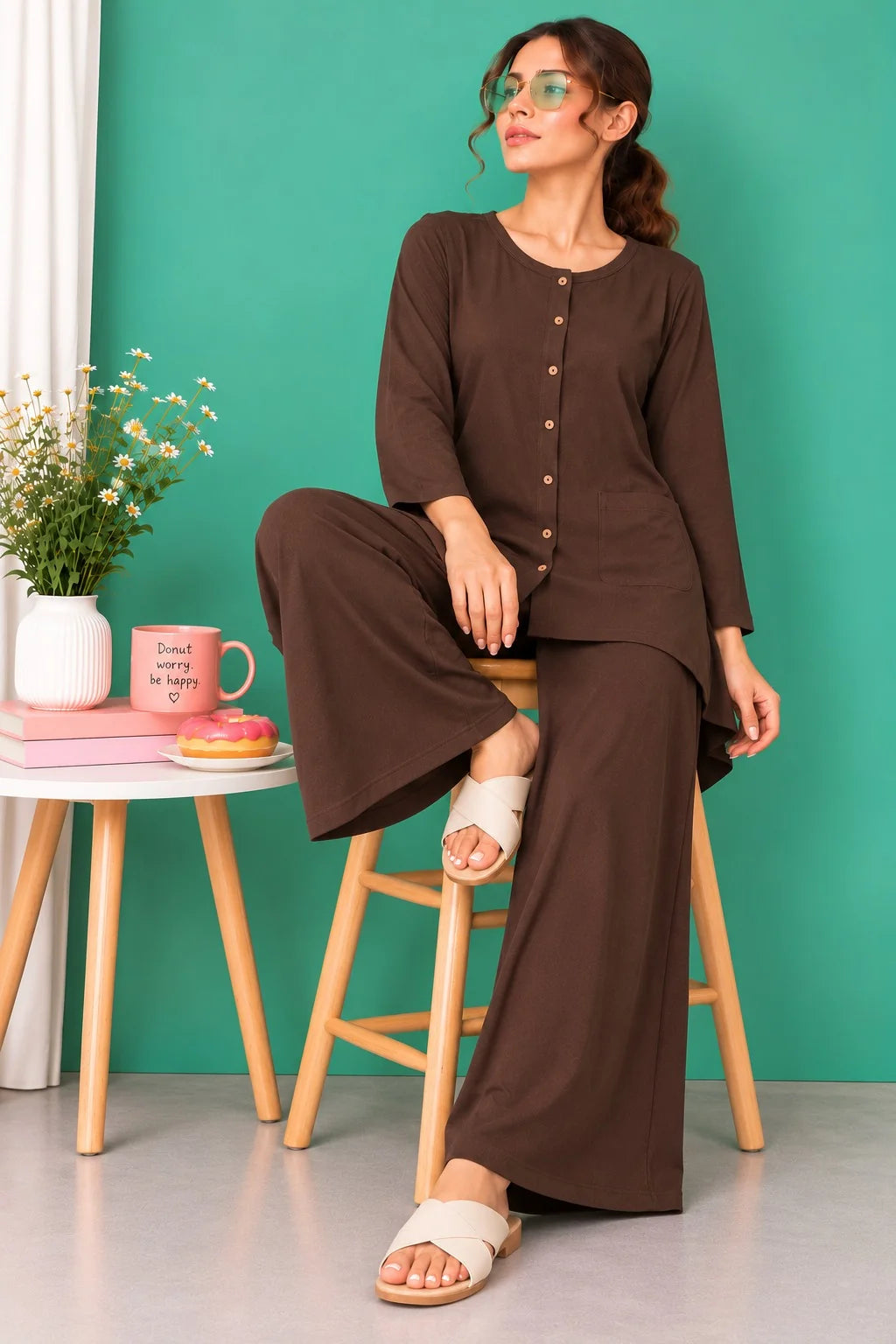 Dark Brown Round Neck Button Style Linen PJ Set For Her