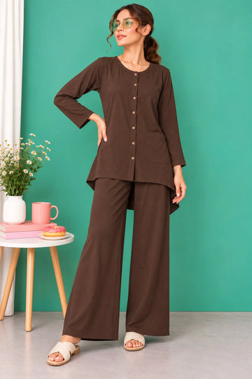 Dark Brown Round Neck Button Style Linen PJ Set For Her
