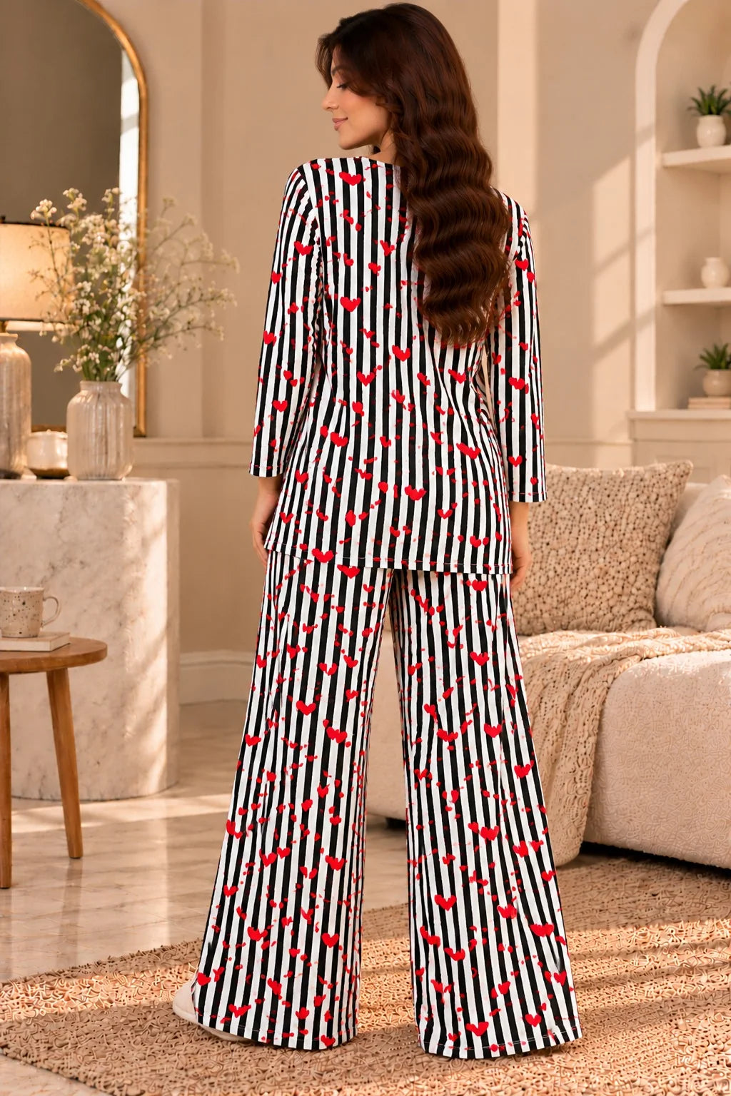 Black And White Stripe and Hearts Round Neck Button Style Linen PJ Set For Her