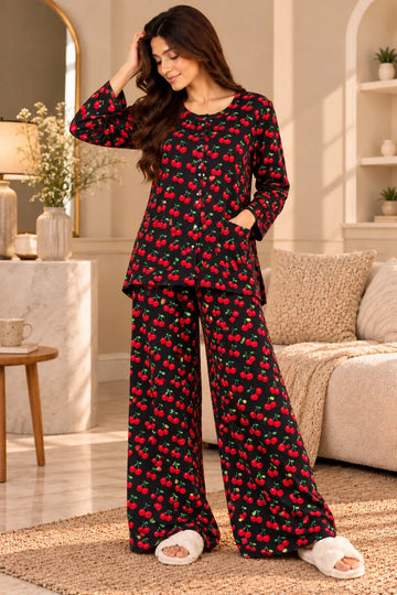 Black Red Cherry Round Neck Button Style Linen PJ Set For Her