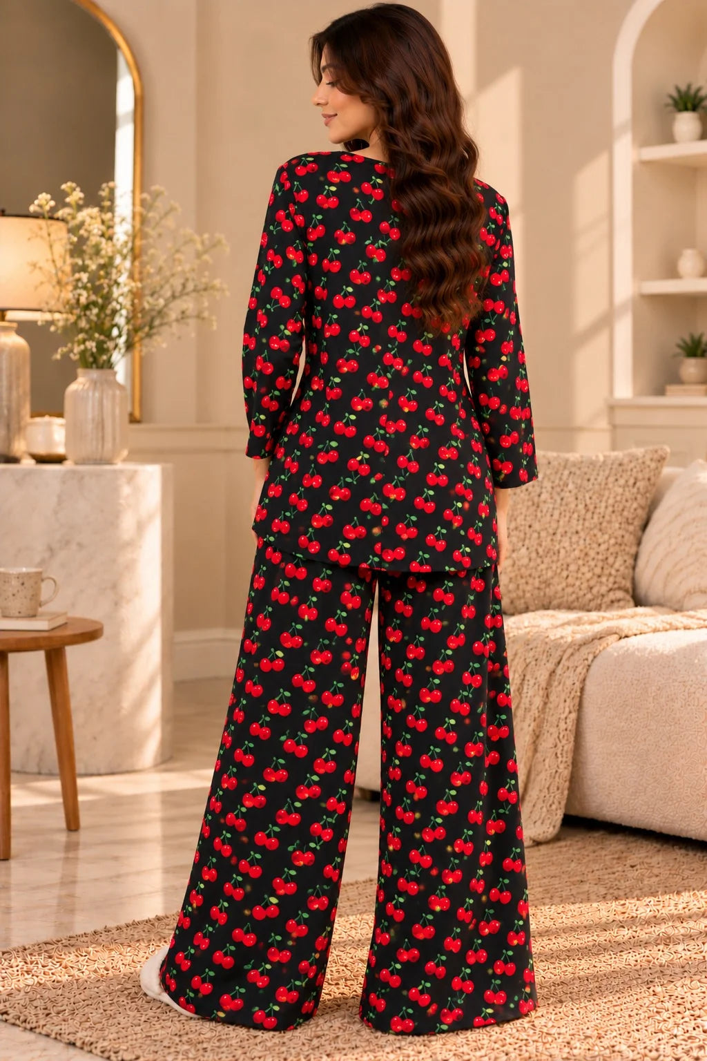 Black Red Cherry Round Neck Button Style Linen PJ Set For Her