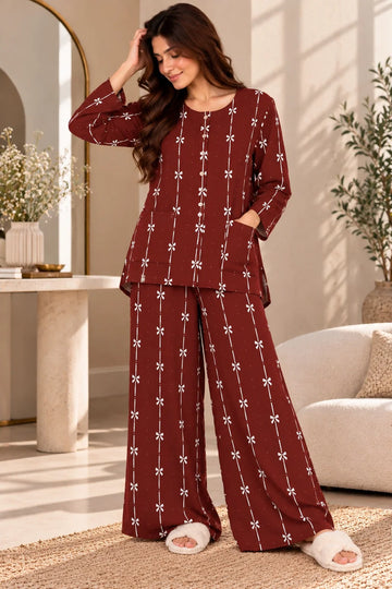 Maroon Bows Lining Round Neck Button Style Linen PJ Set For Her