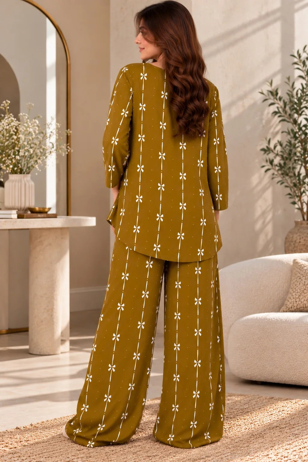 Olive Bows Lining Round Neck Button Style Linen PJ Set For Her