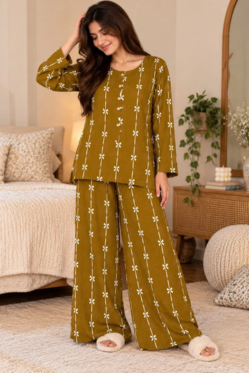 Olive Bows Lining Round Neck Button Style Linen PJ Set For Her