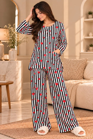 Black And White Stripe and Hearts Round Neck Button Style Linen PJ Set For Her