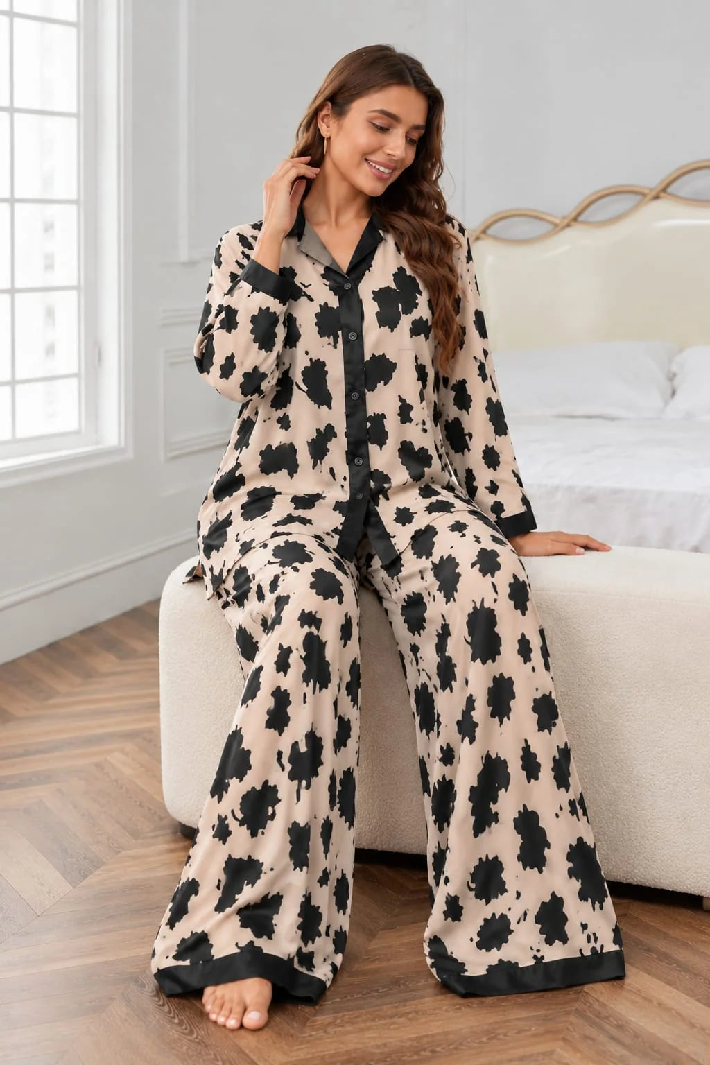 Skin Ink Stain printed Button style Night Suit For Her