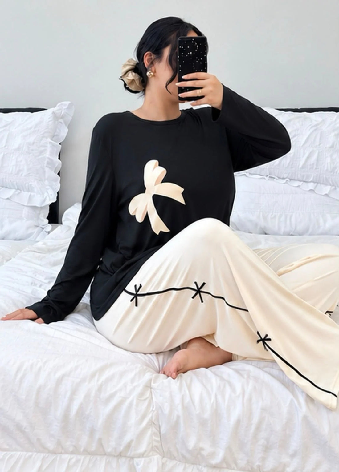 Black With Off White Ribbon Pj Set For Her