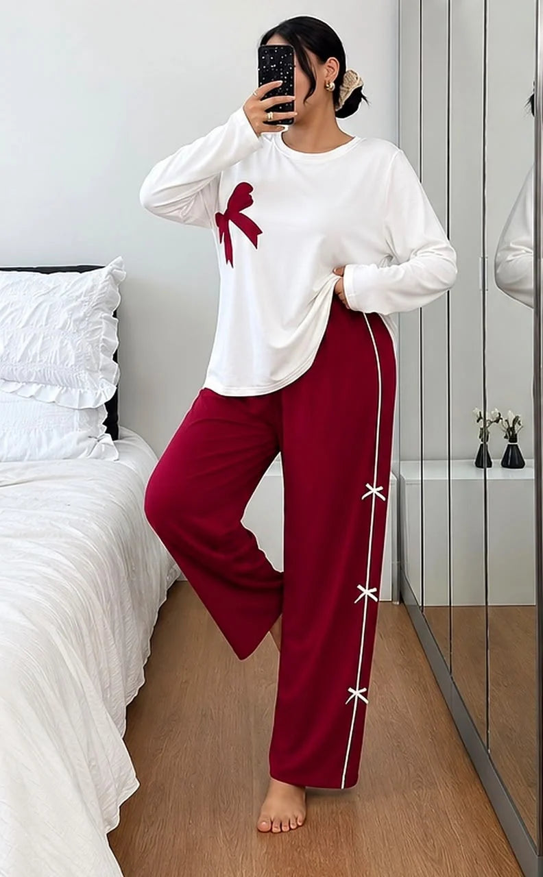 White With Maroon Ribbon Pj Set For Her
