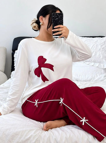 White With Maroon Ribbon Pj Set For Her