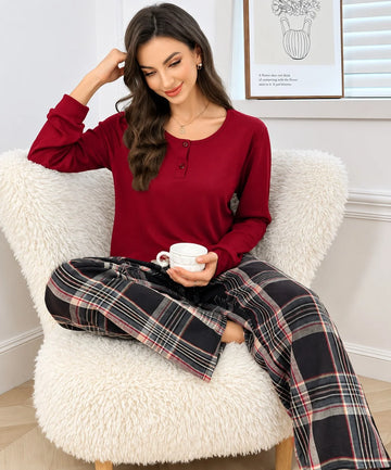 Maroon Henley And Checkered Plazzo Pj Set For Her