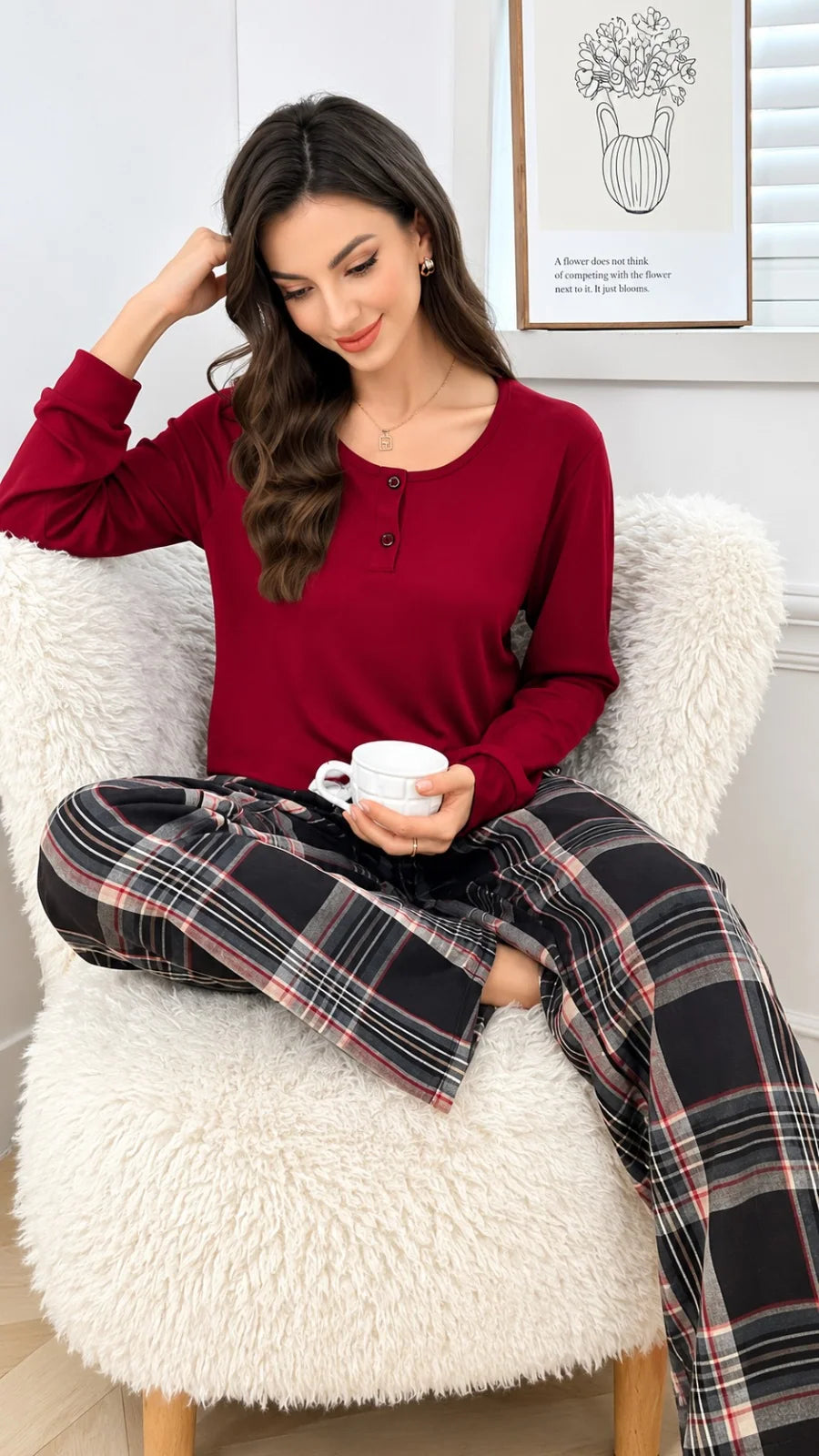 Maroon Henley And Checkered Plazzo Pj Set For Her