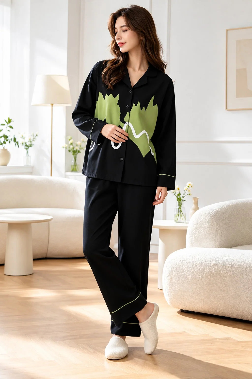 Black And Green Noir Wave Art Button Style Pj Set For Her