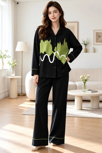 Black And Green Noir Wave Art Button Style Pj Set For Her