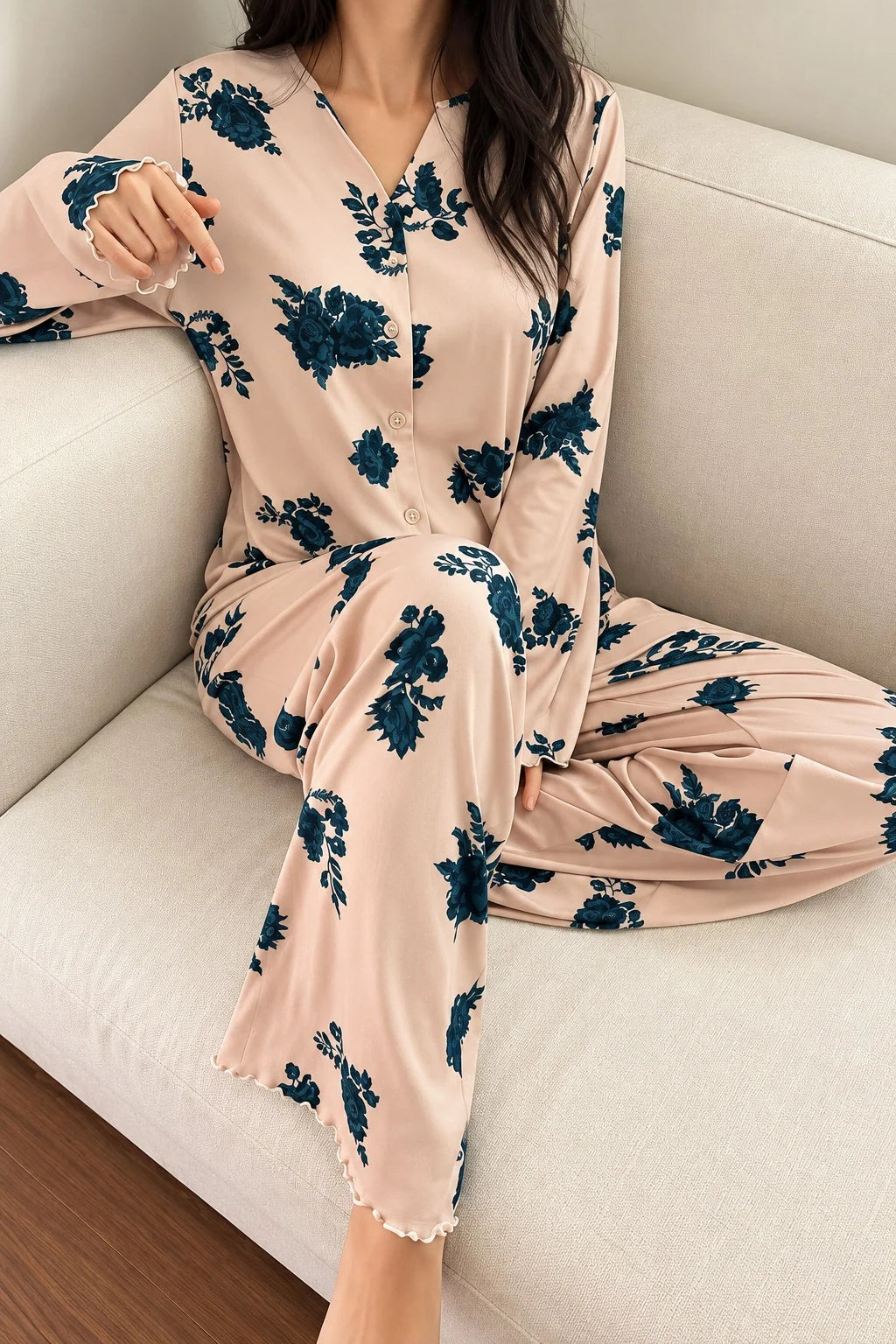 Off White Midnight Rose Blush Button Style Pj Set For Her