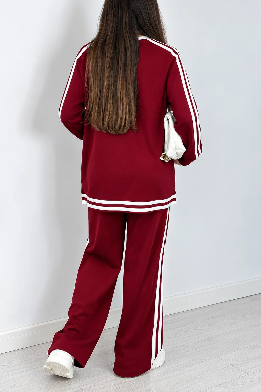 Maroon & White Double Stripe V-Neck Fleece Track Suit