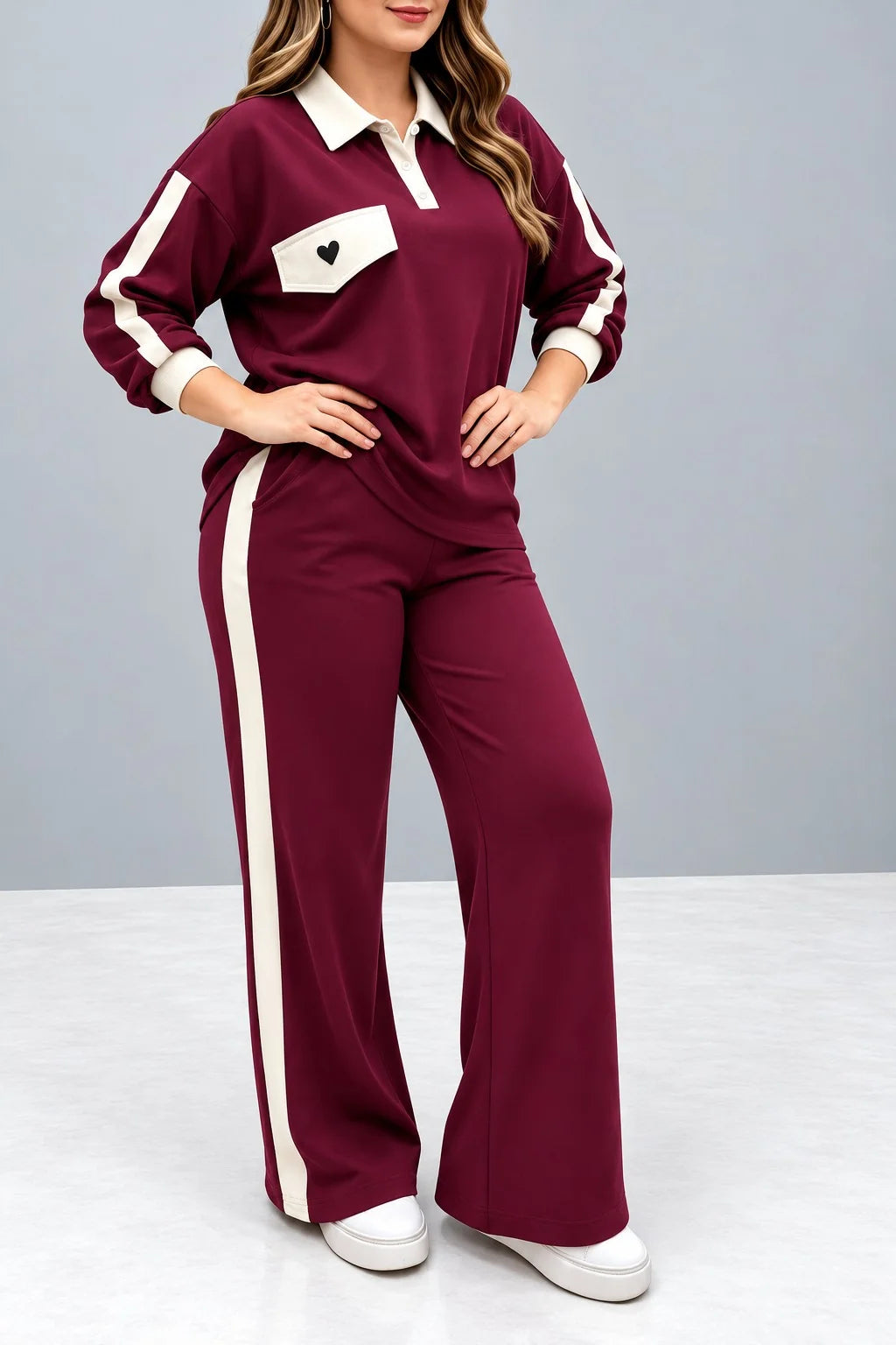 Maroon & White Stripe Heart Printed Collar Track Suit