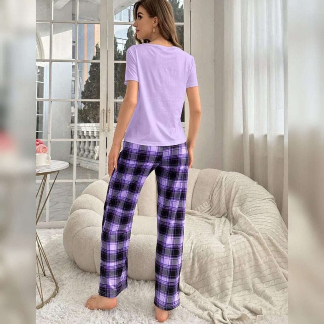 Purple With Love Heart Print Half Sleeves T-shirt With Check Printed Trouser Suit (RX-110004)