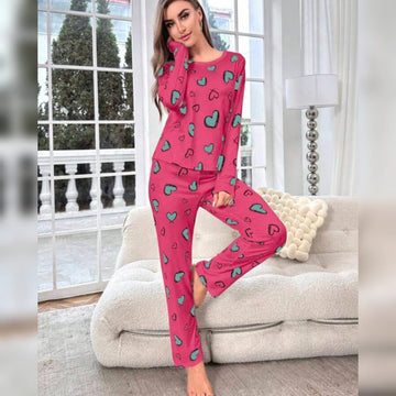 Shocking Pink With Green Herats Print Half Sleeves T-shirt With Hearts Printed Trouser Suit (RX-110005)