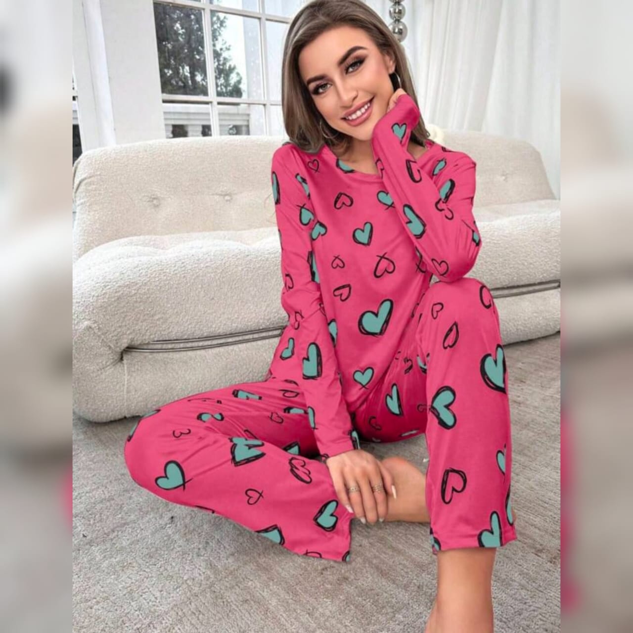 Shocking Pink With Green Herats Print Half Sleeves T-shirt With Hearts Printed Trouser Suit (RX-110005)
