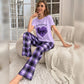 Purple With Love Heart Print Half Sleeves T-shirt With Check Printed Trouser Suit (RX-110004)