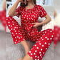 Red With White Herats Print Half Sleeves T-shirt With Hearts Printed Trouser Suit (RX-110006)