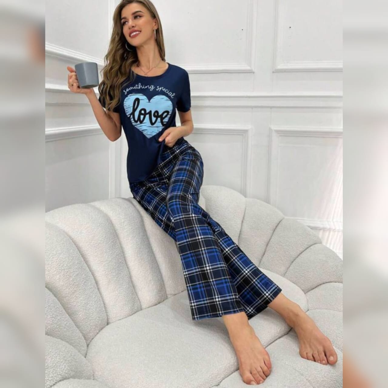 Black With Blue Love Heart Print Half Sleeves T-shirt With Check Printed Trouser Suit (RX-110003)