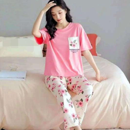 Pink Flower Pocket Print Half Sleeves T-shirt With Flowers Printed Trouser Suit (RX-120002)