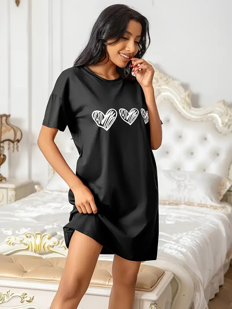 Black With White Heart Long Shirt For Women (MN-201)