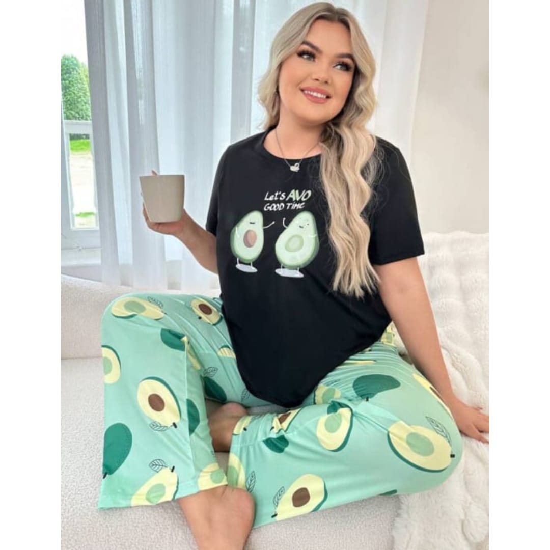 Black Avocado Print Half Sleeves T-shirt With green Avacado Print Pajama Suit (RX-9005)