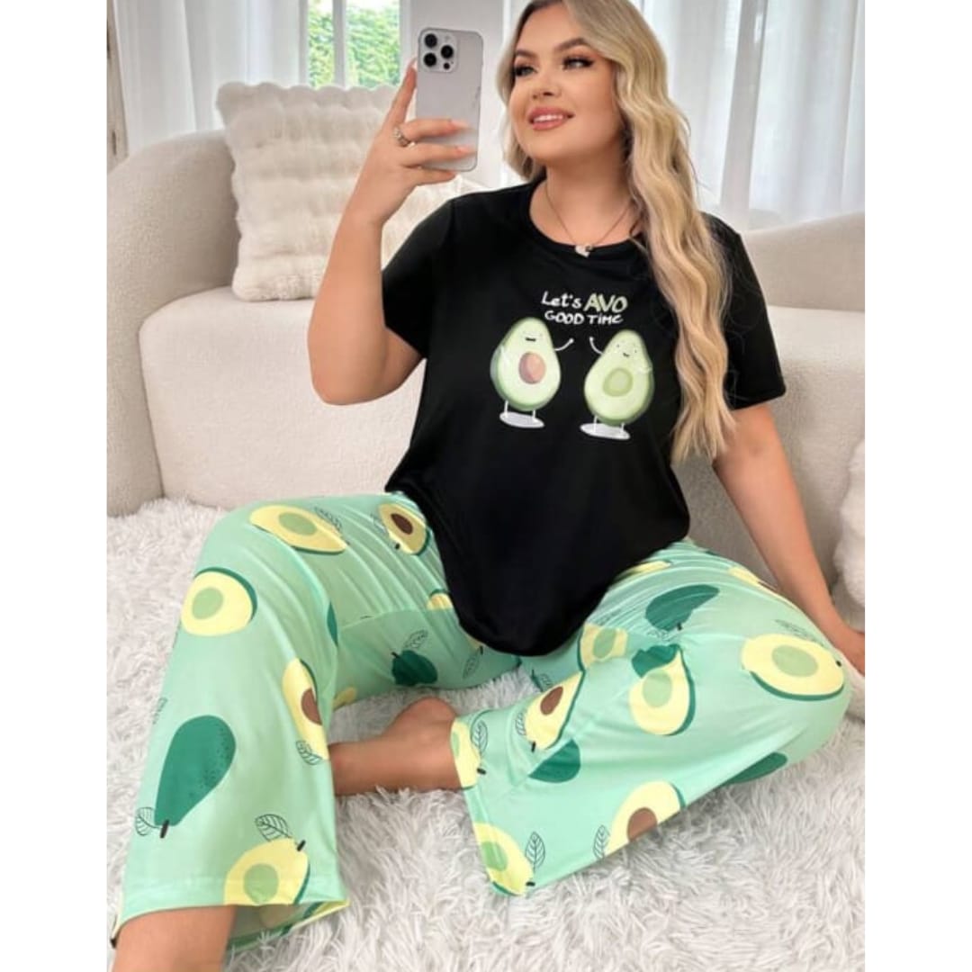 Black Avocado Print Half Sleeves T-shirt With green Avacado Print Pajama Suit (RX-9005)