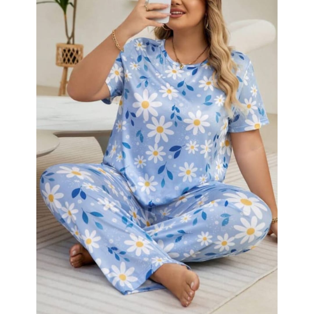 Blue Flowers Print Half Sleeves T-shirt With Flowers Print Pajama Suit (RX-9004)