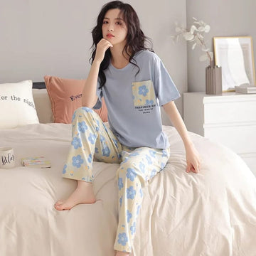 Blue Flower Pocket Print Half Sleeves T-shirt With Flowers Print Pajama Suit (RX-9003)