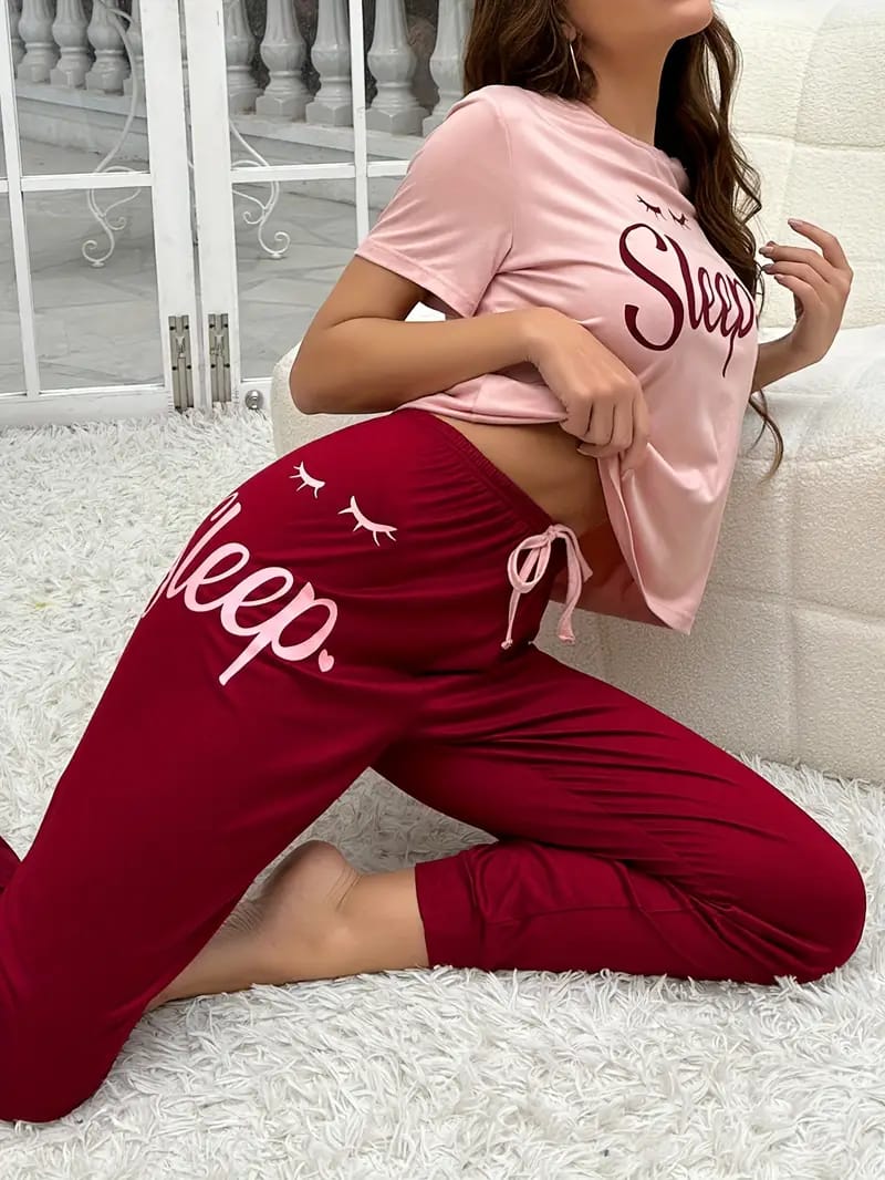 Pink Sleep Print half Sleeves T-shirt With Sleep Print Pajama Suit (RX-9001)